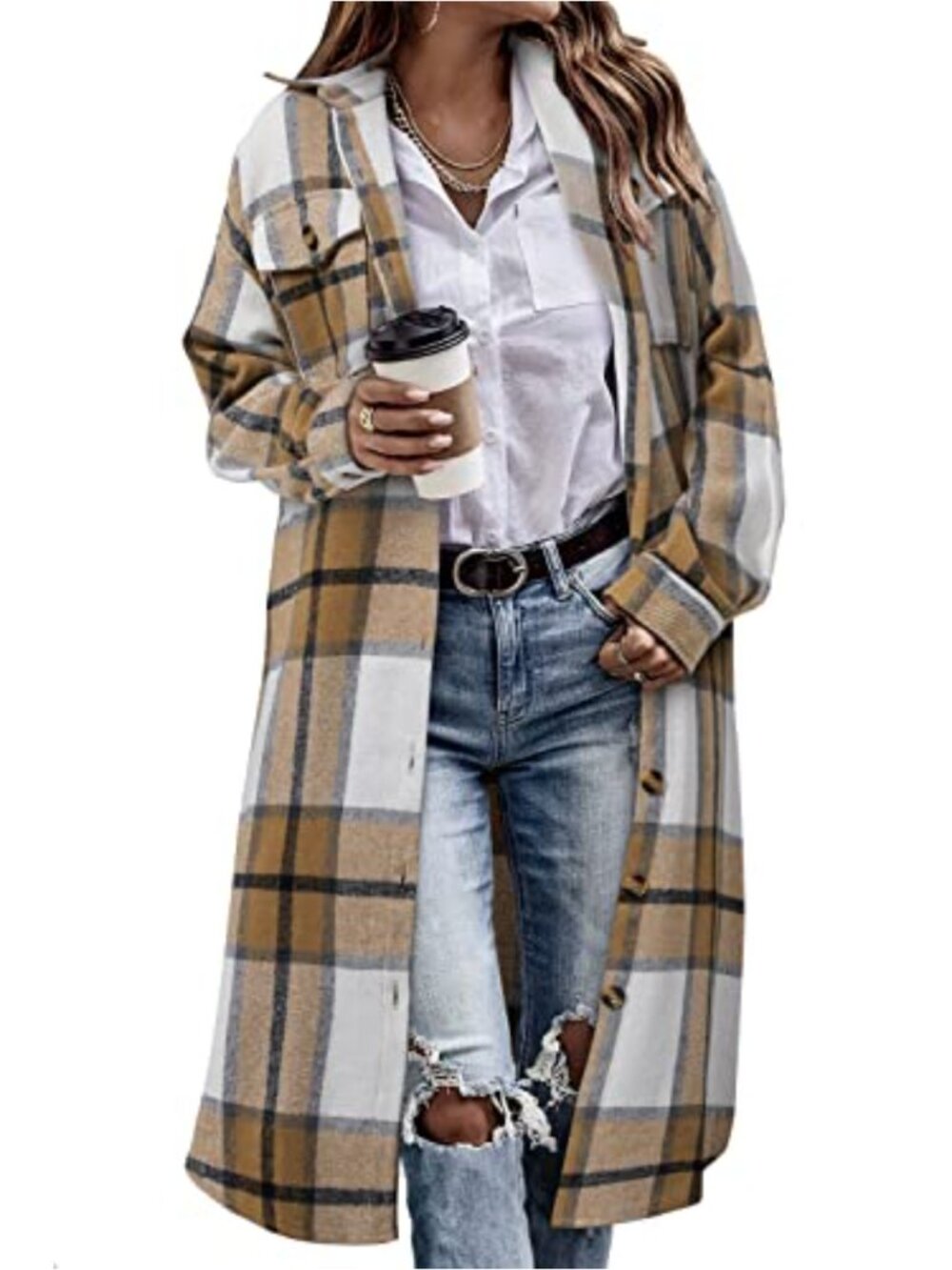 Womens Long Plaid Flannel Shacket Button Down Tartan Trench Coat Jacket